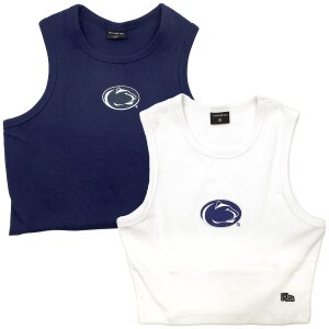 women's Hype and Vice navy and white cut off crop top tanks with Penn State Athletic Logo